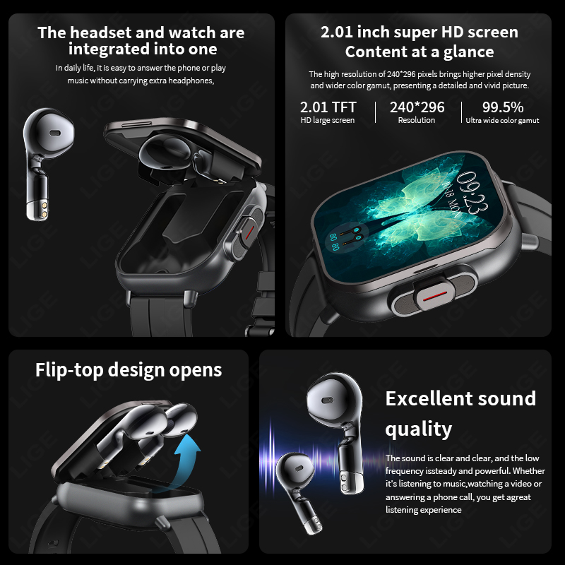LIGE Новые умные часы 2 в 1 с  – обзор и цена Tws Earbuds Bluetooth 5.3