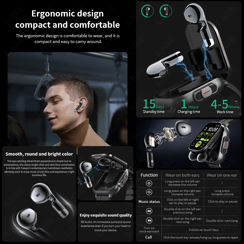 LIGE Новые умные часы 2 в 1 с  – обзор и цена Tws Earbuds Bluetooth 5.3